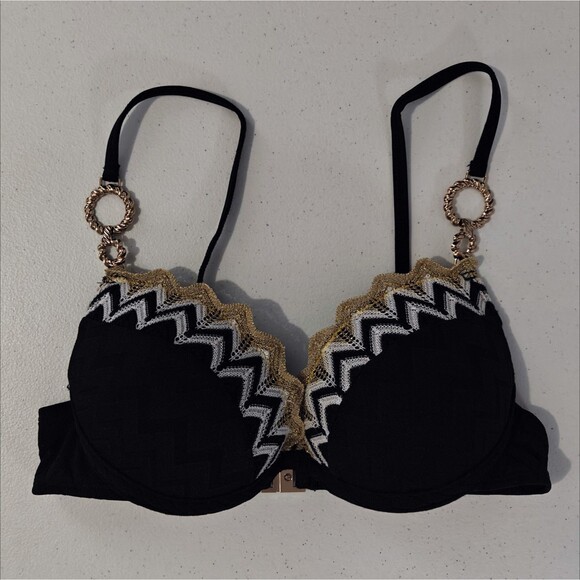 Y2K Bikini Swimsuit Crochet Pushup Bra 8 Top 6 String Small S Black Gold Mobwife - Picture 2 of 12